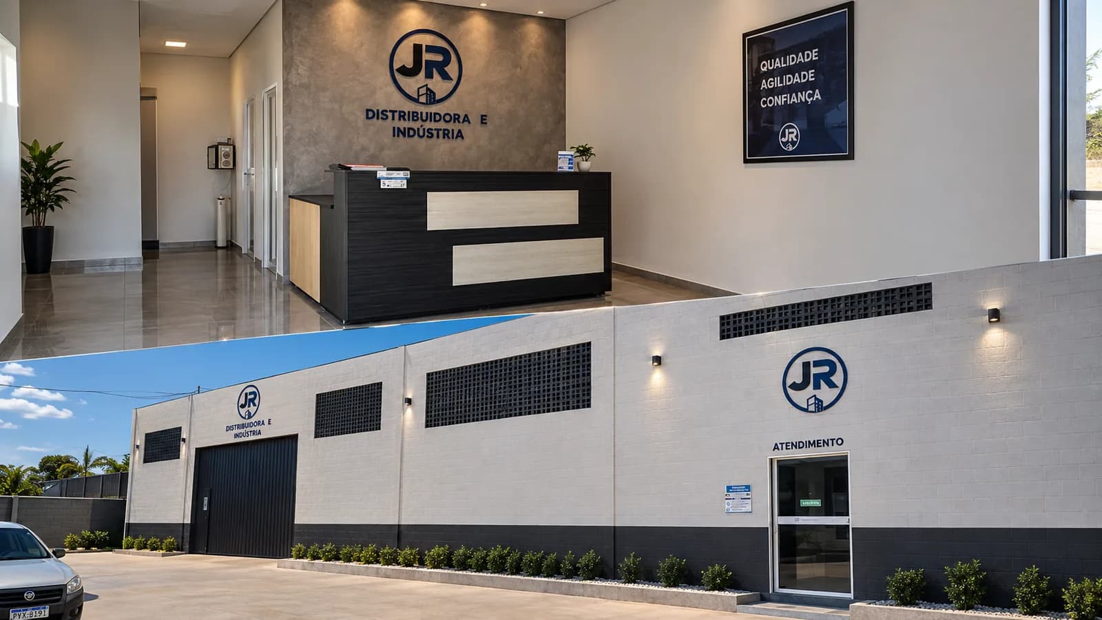 Recepção e fachada da JR Distribuidora e Indústria